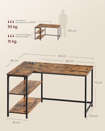 Кутовий письмовий стіл VASAGLE L-подібний, комп'ютерний стіл, 110 x 80 см, вінтажний коричневий