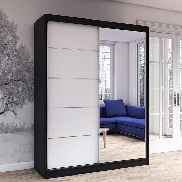 Шафа з дзеркалом, розсувні двері - Шафа з розсувними дверима, шафа для спальні - 61 x 150 x 200 см - Шафа для спальні, гардеробної, шафа - чорний, білий