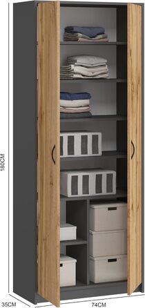 Домашня колекційна шафа, багатофункціональна шафа, полиця, сіра, ширина 74 см, висота 180 см, з шістьма полицями та додатковим відділенням, картотечна шафа, побутова шафа, органайзер, дерев&39яна багатофункціональна шафа 8 полиць, антрацит/дуб