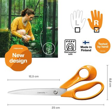Садові ножиці Fiskars Classic Large універсальні, для правшів, загальна довжина 25 см, покращений гвинт Torx та ергономічніша ручка, якісна сталь/пластик, помаранчеві, 1075039 Садові ножиці 25 см НОВИНКА