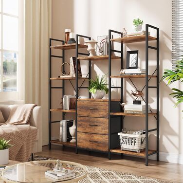 Книжкова полиця 100Ш x 142В см з 4 тканинними шухлядами, окремостояча книжкова полиця, кухонна полиця для вітальні, офісу, балкону, кубічна книжкова полиця, кухонна полиця для зберігання, книжкова шафа, індустріальний дерев&39яний стиль, 4 рівні - 100 см,