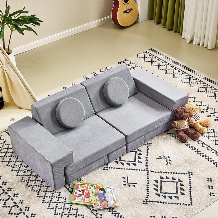 Дитячий диван LALAHO, ігровий диван для дітей, виготовлений з вельвету, складні пінопластові будівельні блоки, дитячий диван та дитяче крісло, універсальний та вільно складаний своїми руками, для дитячої ігрової кімнати, меблі для спальні (сірий)