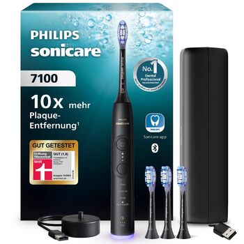 Електрична звукова зубна щітка з підключенням до додатку, 4 режими чищення, 3 рівні інтенсивності, контроль тиску, EasyStart, SmartTimer, чорний колір, модель HX7421/08 Нова технологія Sonicare 7100, чорна, 4 насадки для щітки, 7100