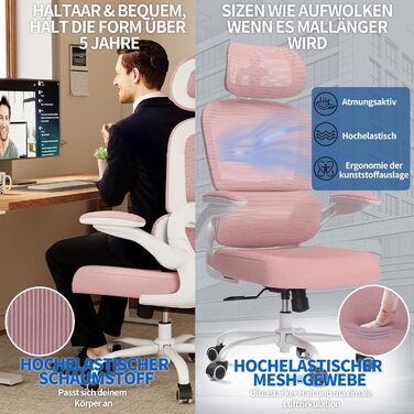 Ергономічне офісне крісло TRALT - Офісне крісло з регульованою поперековою опорою та підголівником, Ігрове крісло - Офісне крісло - Крісло для столу, Крісло для домашнього офісу, Ергономічне, Вага вантажопідйомність 150 кг, для високих людей, Рожеве