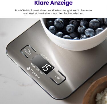 Кухонні ваги ETEKCITY, цифрові 5 кг з великим РК-дисплеєм, цифрова шкала, буквена шкала з великою ваговою поверхнею з нержавіючої