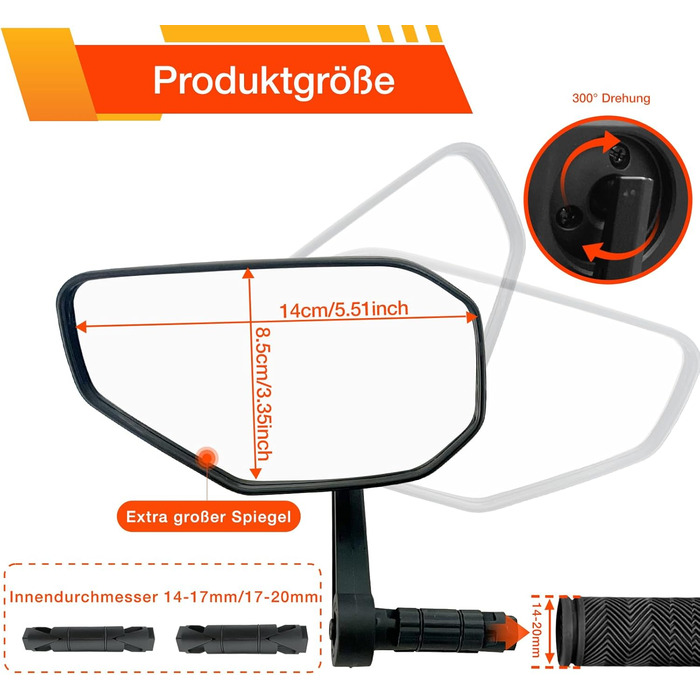 Велосипедні дзеркала, 2 шт., велосипедні дзеркала заднього виду для керма, велосипедні дзеркала зі скляними лінзами, стійкі до подряпин, великі велосипедні дзеркала заднього виду, дзеркала на торці керма для електровелосипедів, ліве та праве (14-20 мм), п