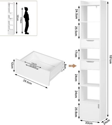 Книжкова полиця WOLTU, книжкова шафа, полиця для зберігання, офісна полиця, з 6 полицями, 2 шухлядами, 1 дверцятами, виготовлена з інженерної деревини, для вітальні, спальні, офісу, біла, SK042ws