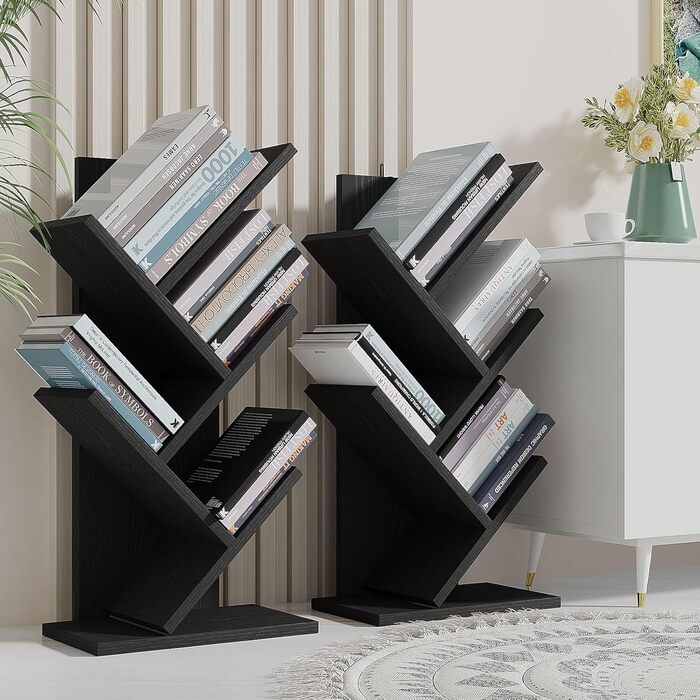 Книжкова полиця YMYNY у формі дерева, 4-рівнева перегородка для кімнати, сучасна дерев&39яна полиця для книг/фільмів/компакт-дисків, вузька підставка для спальні, домашнього офісу, чорна HBC014B 60 см 4 яруси чорного кольору