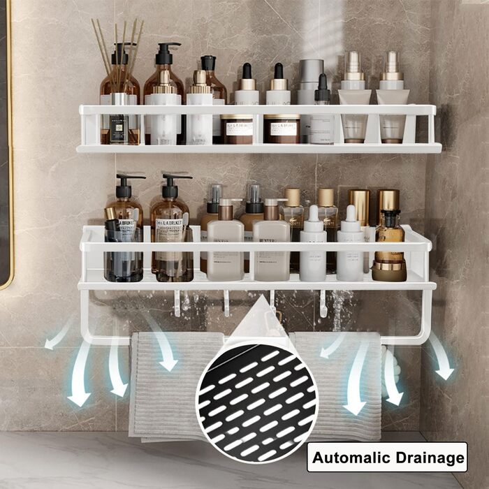 Полиця для душу Devesanter, 2 шт., 40 см, без свердління, для ванної кімнати, з тримачем для рушників та 4 гачками для спальні, вітальні, кухні та ванної кімнати (біла) 40 см