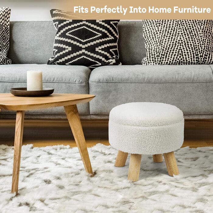 Пуф-підставка для ніг, маленький круглий пуф з місцем для зберігання, пуф з букле плюшевого оксамиту з дерев&39яними ніжками, м&39який пуф з місцем для зберігання для вітальні, спальні, (кремовий) (кремовий)