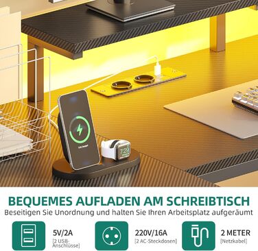 Кутовий письмовий стіл YITAHOME з 4 шухлядами, розеткою, USB та LED-підсвіткою, 158 см, чорний