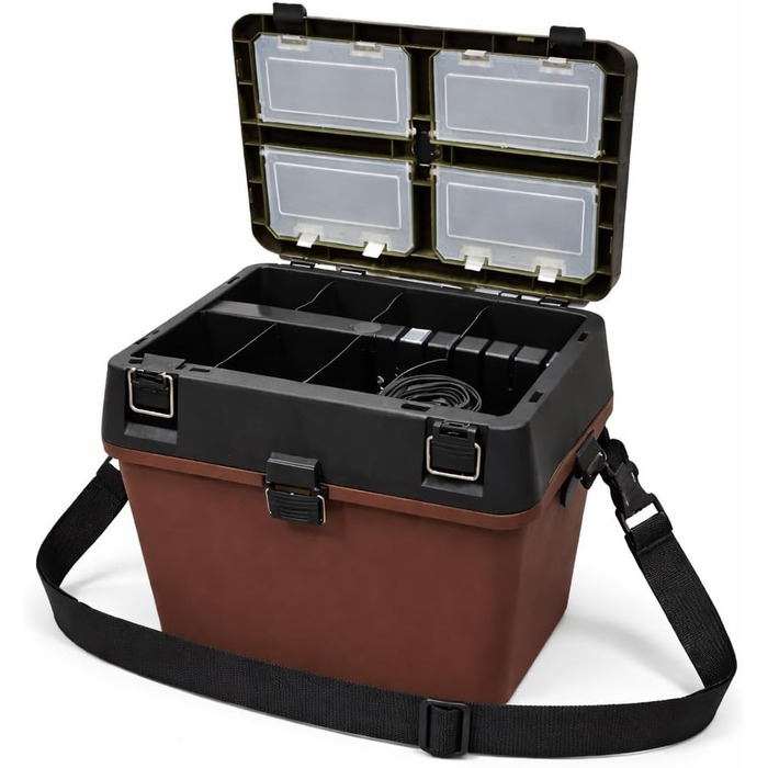 Скринька для рибальських снастей з функцією сидіння, боковим відділенням та ремінцем для перенесення, скринька для рибальських снастей з відділеннями-органайзерами, скринька для рибальських снастей, скринька з сидінням, скринька для снастей, рибальська су