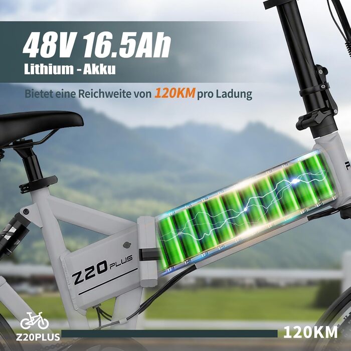 Складаний електровелосипед, електричний велосипед з акумулятором 48 В 16,5 Аг, 25 км/год, 7 швидкостей, запас ходу до 120 км, шини 204,0 дюйма, крутний момент 100 Нм для будь-якої місцевості, електровелосипед для чоловіків та жінок, Z20 Plus темно-сірий