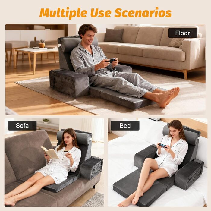 Велика подушка для читання зі знімною спинкою, ергономічна подушка для спини з підлокітником, кишенею та чохлом, який можна прати, для читання та перегляду телевізора (сіра)