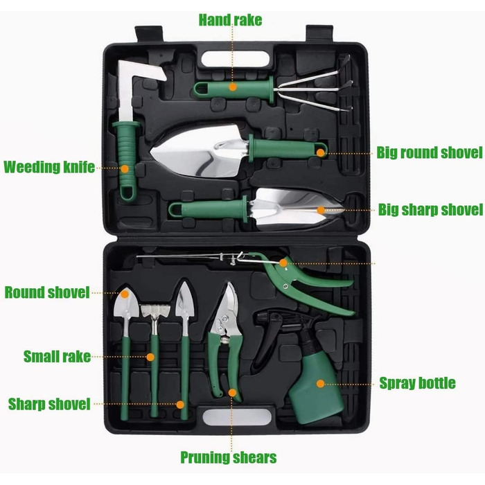 Набір садового інструменту LATERN 10 предметів, садовий ручний інструмент з нержавіючої сталі з ергономічною ручкою, лопата і секатор, граблі, розпилювач води, садові подарунки для жінок, чоловіків (37см х 28см)