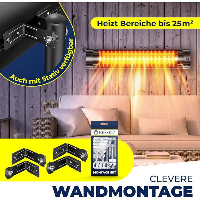 Інфрачервоний обігрівач KESSER потужністю 2500 Вт з пультом дистанційного керування, 3 режими нагріву, миттєвий нагрів, настінне кріплення, обігрівач для патіо, кварцовий обігрівач, обігрівач для патіо, захисний чохол, таймер - чорний