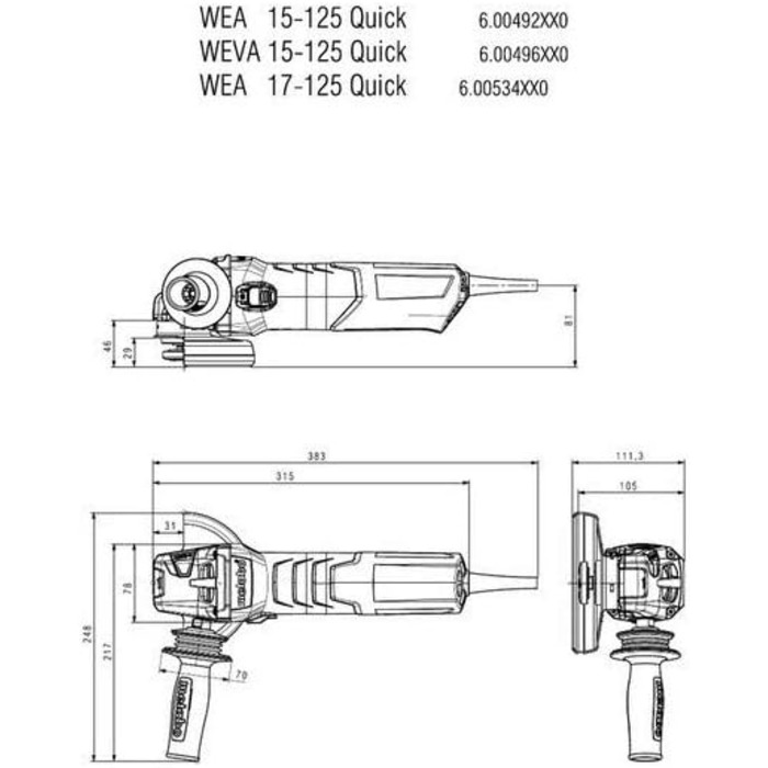 Кутова шліфувальна машина Metabo WEV 17-125 Quick (600516000) для професійного використання (з регулюванням швидкості, 1700 Вт, Ø