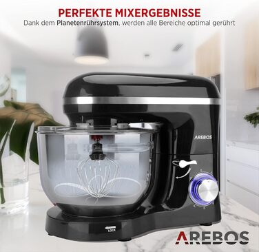 Кухонний комбайн Arebos 1500 Вт з чашею для змішування з нержавіючої сталі об'ємом 6 л Чорний з гачком для змішування, гачком для тіста, вінчиком Захист від бризок 6 швидкостей Тістомісильна машина Тістомісна машина