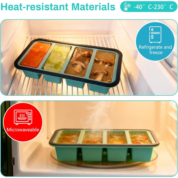 Контейнери для супу LURICO з кришками, контейнери для заморожування супу, набір із 2 силіконових форм для заморожування 250 мл з кришками - дуже великі формочки для кубиків льоду для супу, бульйону, соусів, 4 отвори