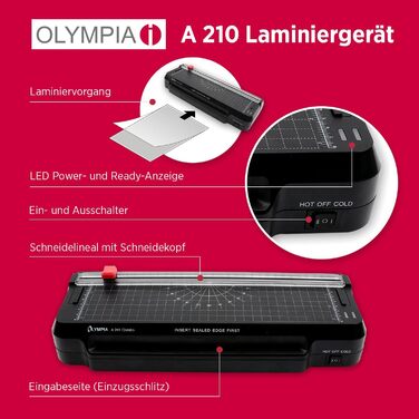Ламінатор Olympia A 245 Combo 4-в-1 Гарячий та холодний ламінатор Комплект для ламінування документів A4 Вбудована лінійка для різання Комплект ламінуючих пакетів та закруглювач кутів Швидкий час нагрівання Розмір документа A4