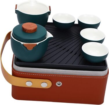 Набір для чаювання в стилі гунфу, преміальна кераміка, портативне зберігання, дорожній набір для чаю. Темно-зелений керамічний чайник з чашками та скринькою для чаю для подорожей, дому та офісу