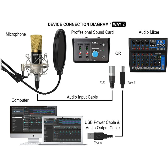Студійний набір мікрофонів Audibax Berlin 1800 Gold Pro Pack мікрофон, стійка, поп-фільтр та кабелі