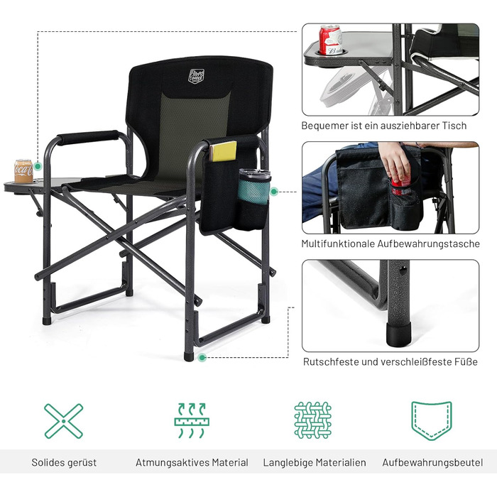 Складане кемпінгове крісло TIMBER RIDGE з 2 предметів, надлегке 3,3 кг, крісло директора, складне, вантажопідйомність 180 кг, з бічним столиком, рибальське крісло з бічною кишенею та тримачем для напоїв, портативне для кемпінгу, риболовлі, пляжу, пікніка,