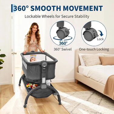Дитяче ліжечко Garvee Baby Bed Crib, дитяче ліжечко 3-в-1, дорожнє ліжечко-колиска, регульована по висоті дитяче ліжко з матрацом, москітною сіткою та кошиком для зберігання, приліжкове ліжечко для новонароджених, темно-сіре