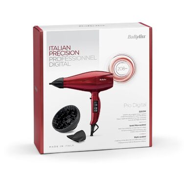 Професійний цифровий фен BaByliss Pro з дифузором 2200 Вт, ультрашвидка сушка, іонна технологія, Made in Italy, 3 температурні режими, 4 налаштування потоку повітря та кнопка Turbo, червоний, 6001DE NEW