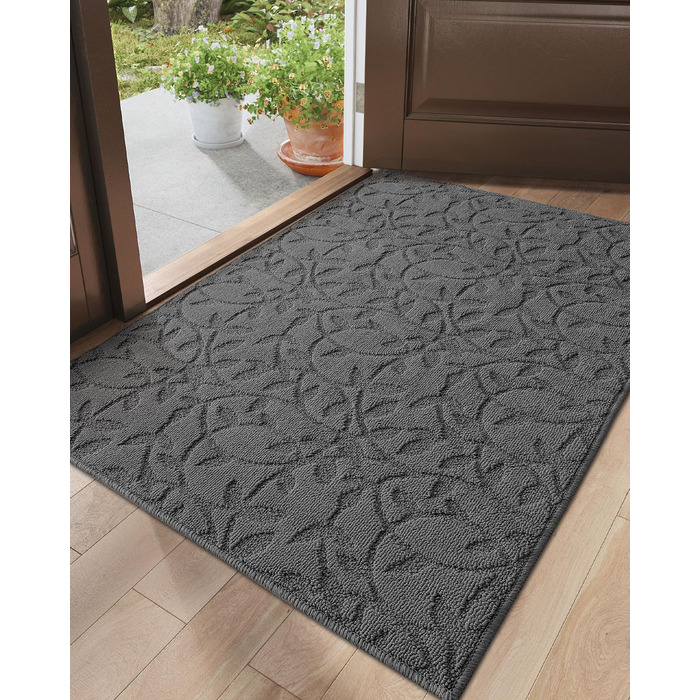 Килимок для дверей DEXI для приміщень, 81 x 121 см, нековзний килимок, що вловлює бруд, низький профіль, тонкий вхідний килимок, абсорбуючий, легко чиститься, килимок для вхідної зони, патіо, гілка 2&398&39 x 4&39 (прямокутний), колір листя сірий