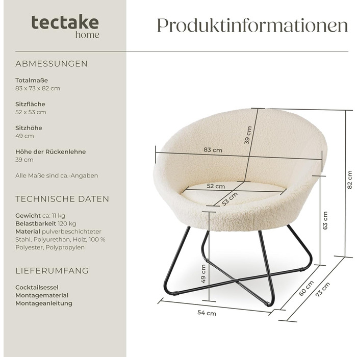 Кругле коктейльне крісло tectake з букле, крісло Тіффані, крісло для читання, безперервна спинка, крісло для вітальні, скандинавське крісло для годування, крісло-реклайнер, крісло для відпочинку - Boucl Off-White