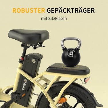 Складаний електровелосипед ESKUTE D100 16 x 2,5 дюйма, електричний велосипед для чоловіків та жінок, фетбайк зі знімним акумулятором 36 В 13 Аг, великий запас ходу до 100 км, складний педальний велосипед для дорослих, світло-жовтий, стандартний