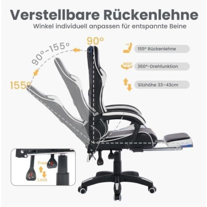 Ігрове крісло з поворотом на 360, ергономічне офісне крісло, регульоване по висоті з підставкою для ніг офісне крісло з підголівником та поперековою подушкою, гоночний дизайн, висока шкіряна спинка для офісу та ігор, білий/чорний