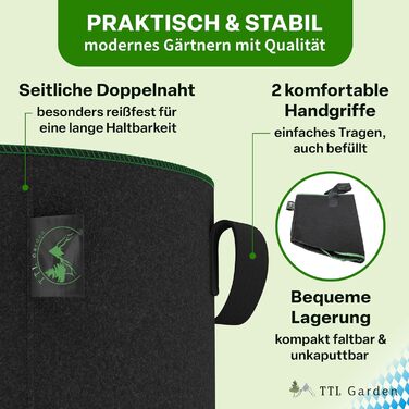 Мішки для посадки рослин TTL GARDEN 10 x 22 л з нетканого матеріалу - Набір з 10 шт. (20 л 10 22 літри) - Мішки для посадки з фетру та нетканого матеріалу 300 г/м - Контейнери для посадки на балкон, терасу, теплицю та саду - 22 літри - Набір з 10 шт. - Ун