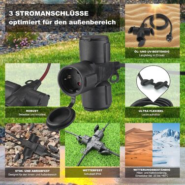 Подовжувач YIDE Outdoor 5м з 3 розетками Schuko, гумовий подовжувач для вулиці IP44, 3 захисні контактні розетки із захисним ковпачком, будівельний кабель живлення Outdoor 3500 Вт, 3-смуговий розподільник 5 метрів