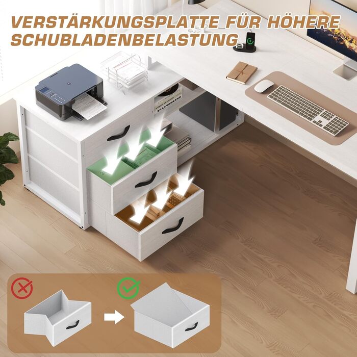 Г-подібний письмовий стіл з 3 шухлядами та місцем для зберігання речей, 140 x 105 x 75 см. Двосторонній кутовий письмовий стіл, Г-подібний письмовий стіл з 2 USB-портами для зарядки та 2 розетками, білий. 140 x 105 x 75 см. Білий