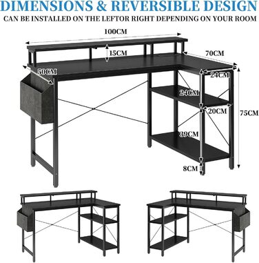 Г-подібний стіл Grandder 100x50 см зі світлодіодним освітленням та розетками, ігровий стіл з 2 полицями, комп&39ютерний стіл з підставкою для монітора, робоча станція для домашнього офісу, чорний 100 x 70 см, чорний колір під карбон