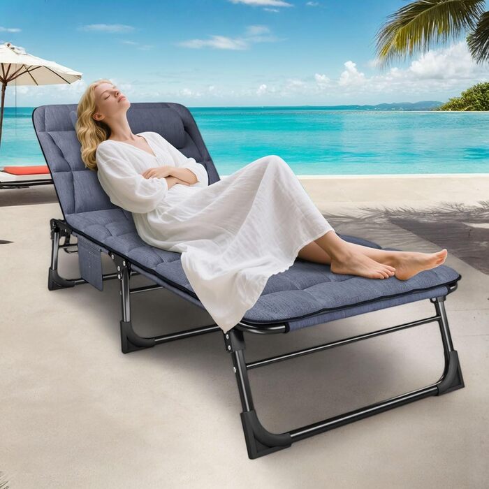 Складаний шезлонг з 4 регульованими положеннями спинки, портативна універсальна комбінація кемпінгового ліжка/шезлонга для саду, басейну, патіо, м&39який матрац та подушки - синій