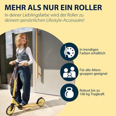 Самокат HUDORA Scooter Up 200 безшумний алюмінієвий самокат до 100 кг, з регулюванням висоти та можливістю складання, для дітей, підлітків та дорослих, колір Normal canary