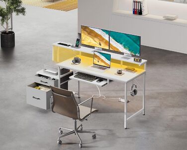 Ігровий стіл Coleshome зі світлодіодним освітленням, 140x48 см, стіл з тканинними шухлядами, комп&39ютерний стіл з 2 розетками та 2 USB-портами, ігровий стіл з підставкою для монітора для домашнього офісу, білий 140x48 см