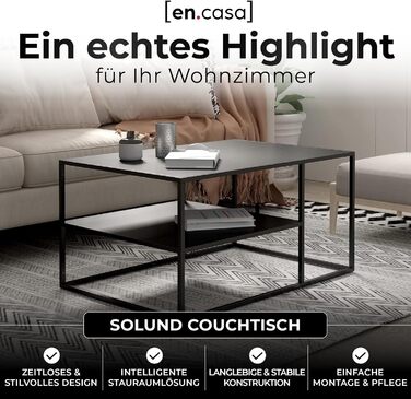 Журнальний столик Solund, приставний столик, металевий, чорний, стіл для вітальні з місцем для зберігання, 90 x 60 x 45 см, прямокутний диван-столик, журнальний столик, чорний, 90 x 60 x 45 см - 1 полиця