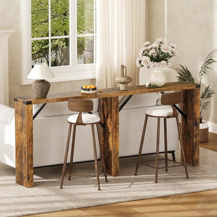 Консольний столик, довгий вузький стіл для коридору, столик для передпокою, за диваном, промисловий дизайн, з металевими стійками, для вузьких приміщень, вхідна зона, коридор, вітальня, вінтажний коричневий XCT30BR