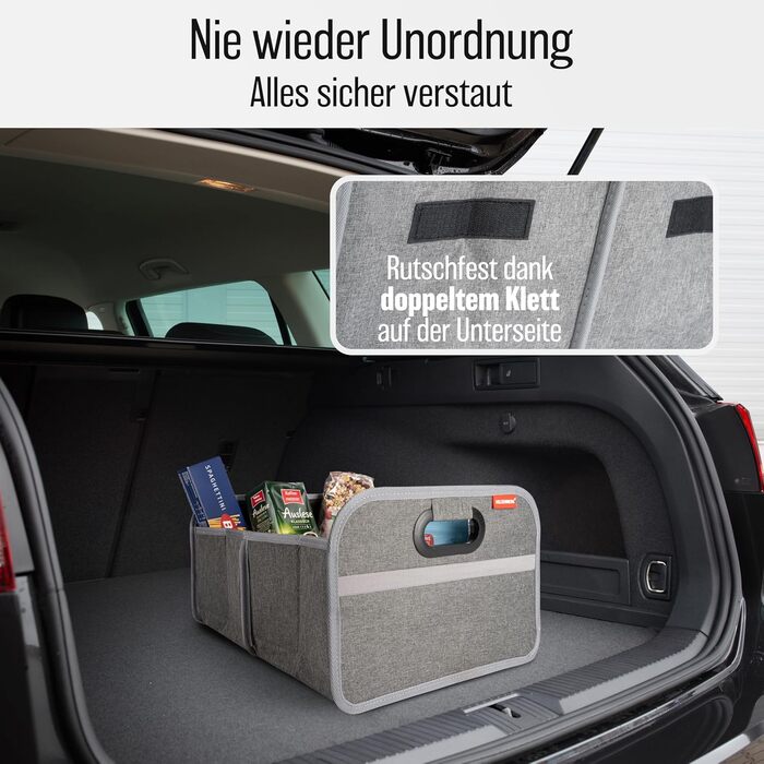 Сумка для багажника HELDENWERK, складана з антиковзким кріпленням на липучках - органайзер для авто, складана коробка для покупок, посилена та міцна, сіра