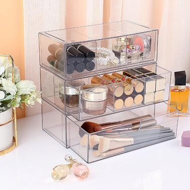 Акрилова коробка для зберігання з 3 шухляд, штабелюваний органайзер для косметики, прозора шухляда зі знімними роздільниками для ювелірних виробів, товарів для здоров&39я, кавових капсул, канцелярського приладдя
