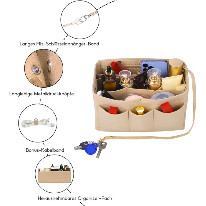 Органайзер для сумочки, багатофункціональна косметичка-органайзер з фетру, 2 в 1 сумка в сумці зі знімними відділеннями для жінок бежева середня (27 * 16 * 16 см)