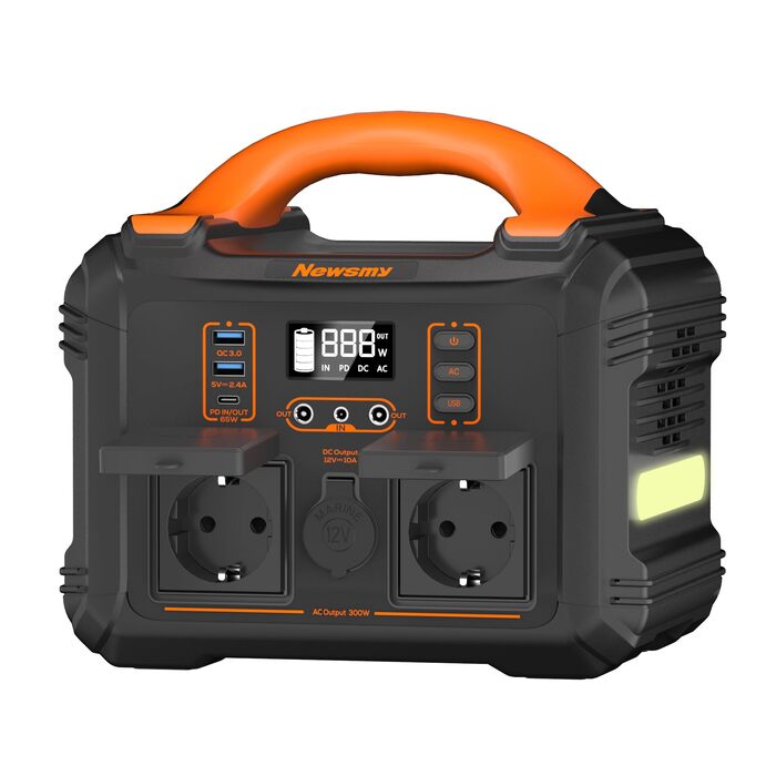 Портативна електростанція Newsmy 300 Вт/230 В x 2 виходи змінного струму (пік 600 Вт) Чиста синусоїда 236,25 Втгод LiFeMnPO4 акумулятор, сонячний генератор для кемпінгу/відпочинку на природі/аварійного/побутового блоку живлення 236 Втгод чорного кольору