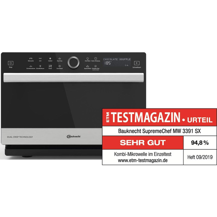 Багатофункціональна мікрохвильова піч Bauknecht Supreme Chef MW 3391 SX 5in1 /1000 Вт/33 л Варильна камера/гаряче повітря 1700 Вт/XXL Гриль 1200 Вт/DualCrisp & CrispFry /AutoClean/Приготування на парі/Функція плавлення та швидкого розморожування Одинарна