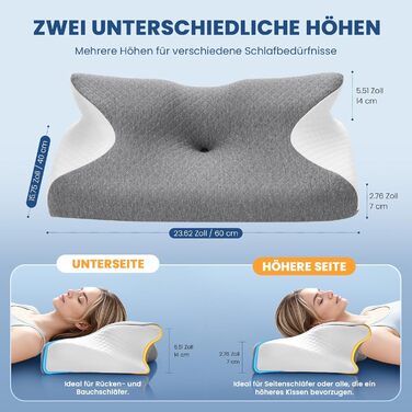 Ортопедична подушка A-Pce, ергономічна подушка з піни з ефектом пам&39яті, подушка для підтримки шиї для полегшення болю в шиї, плечах та спині, ідеально підходить для сну на боці, спині та животі, сіро-біла