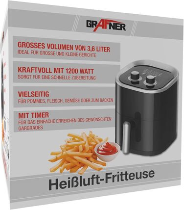 Фритюрниця Grafner XL 3,6 літра, 1200 Вт, система приготування 360, кошик для смаження з антипригарним покриттям, таймер на 30 хвилин, плавне регулювання температури до 200C, фритюрниця без жиру, фритюрниця без олії