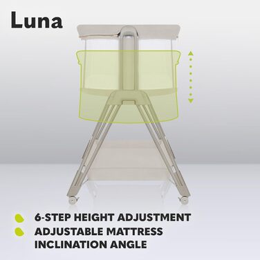 Дитяча тумбочка Lionelo Aurora 3-в-1 для сну від народження до 9 кг, регульована висота та нахил, матрац, 4 колеса, що блокуються, дихаюча, портативна, можна прати, сумка, ремені (світло-бежевий LUNA)